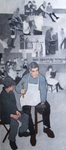 Painting of a man with gray hair and a smock, seated, hammering a shoe. A boy in a hat sits next to him, watching. More people are in the background in different black and white scenes.