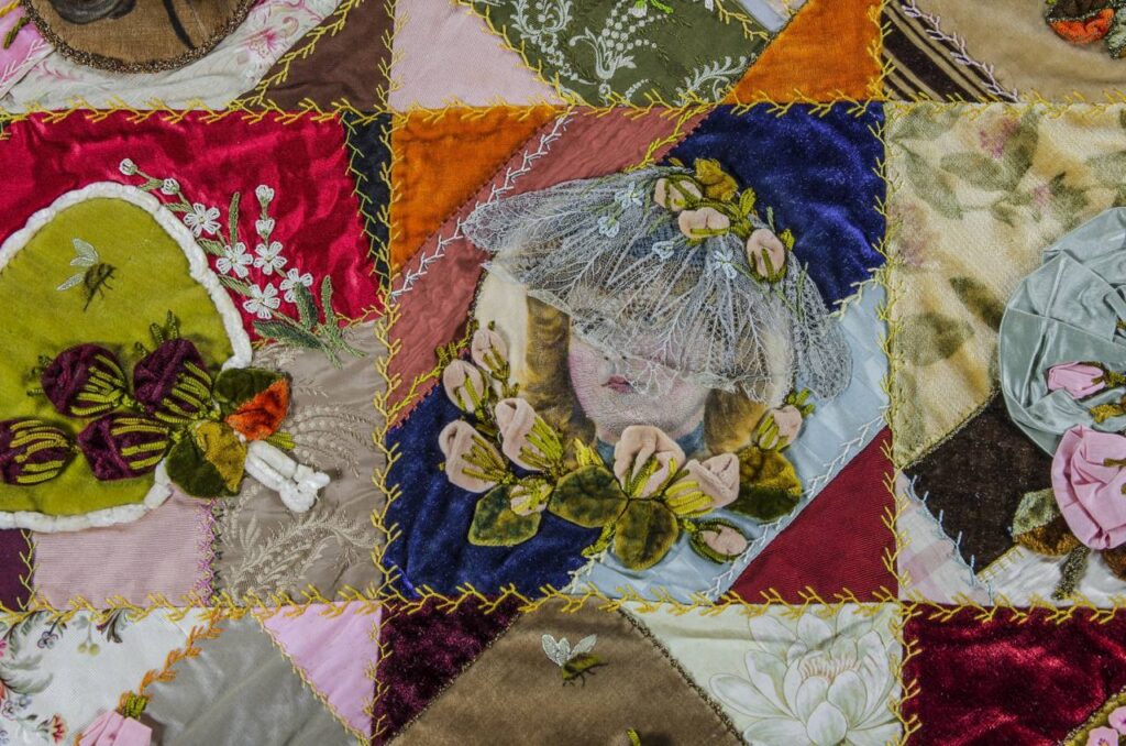 Crazy quilt made in 1890 by Mary Louise Orr of Bailey Island, Maine