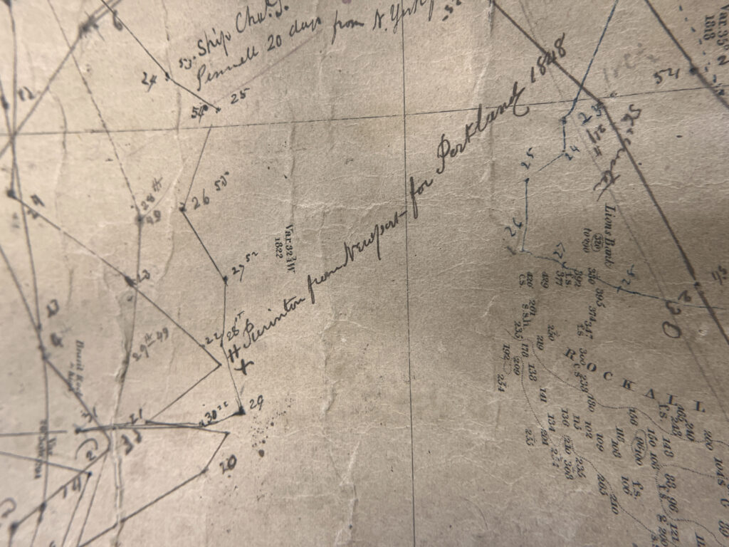 Detail of Giveen’s annotations showing his ship Humphrey Purington on route from Newport (Wales) for Portland in 1848. Above a notation for his ship Charles S. Pennell, 20 days out from New York.