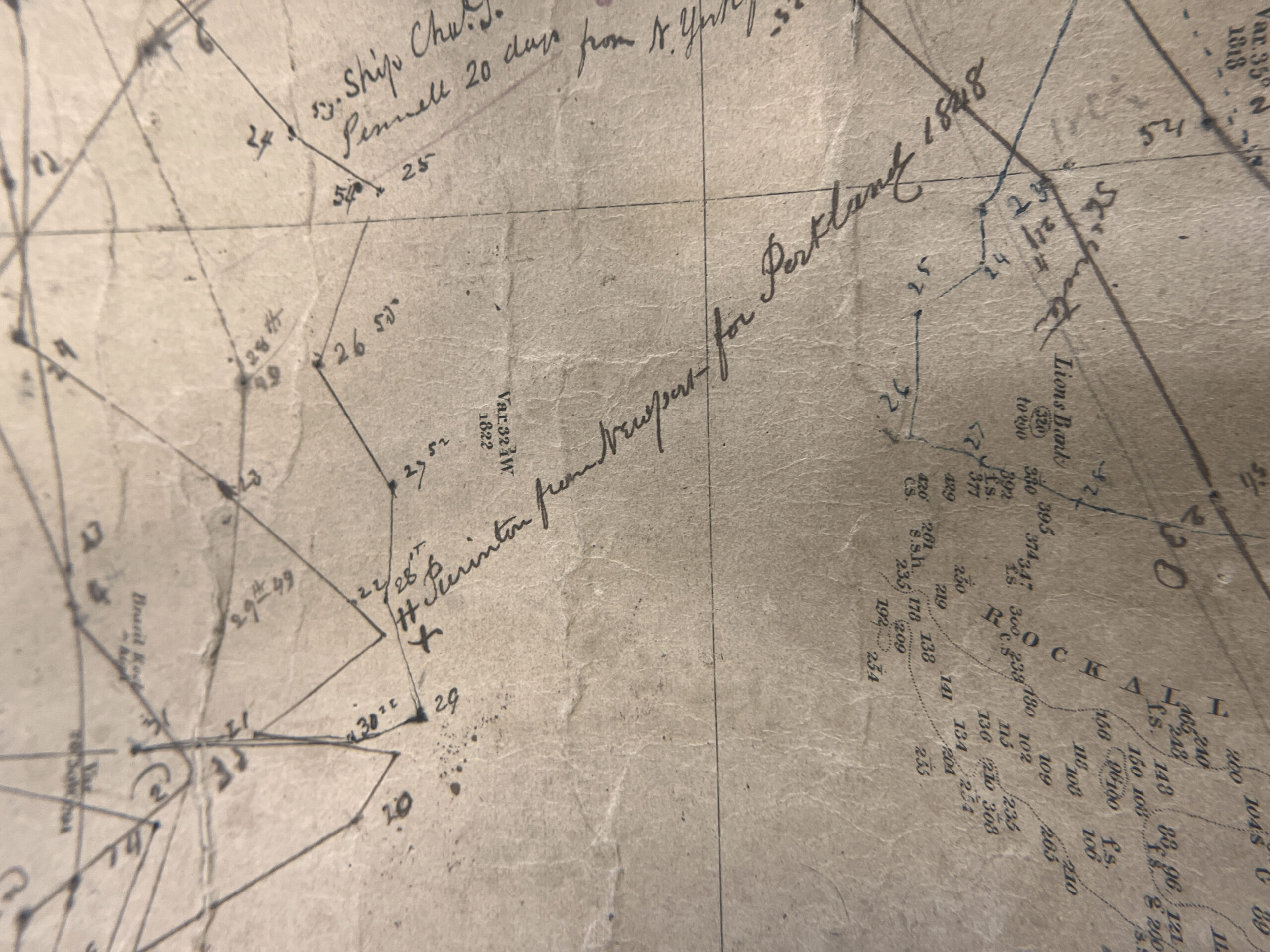 Detail of Giveen’s annotations showing his ship Humphrey Purington on route from Newport (Wales) for Portland in 1848. Above a notation for his ship Charles S. Pennell, 20 days out from New York.