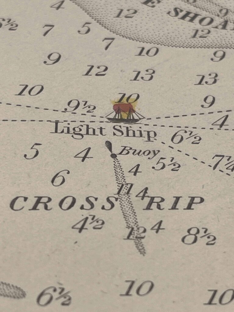 Many of Giveen’s charts include added colors to lighthouses and lightships for quick identification while navigating near land.  