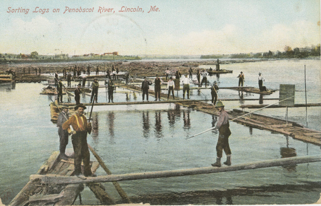 Postcard of loggers of the Penobscot River, Lincoln Maine