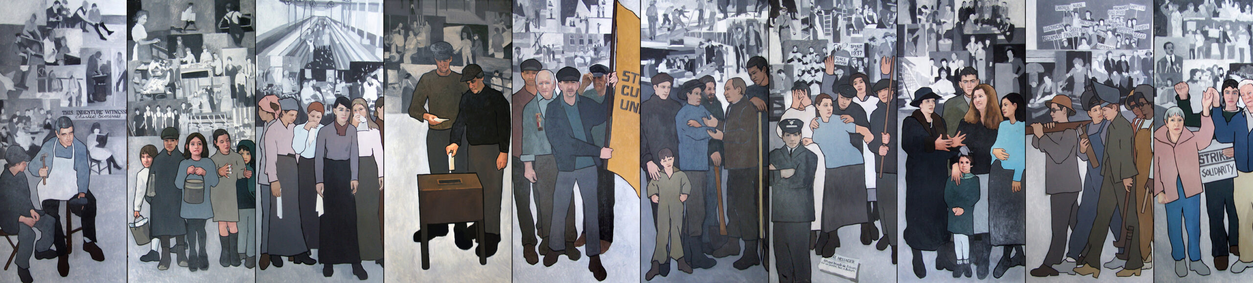 A mural depicts scenes from Maine's labor history, including a strike at a shoe factory and a paper mill.